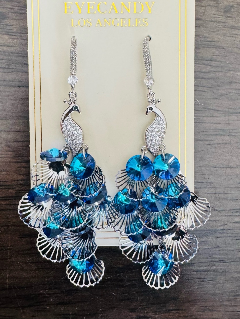 Peacock Sparkling Silver Crystal Blue Eye Candy Los Angeles Statement Earrings